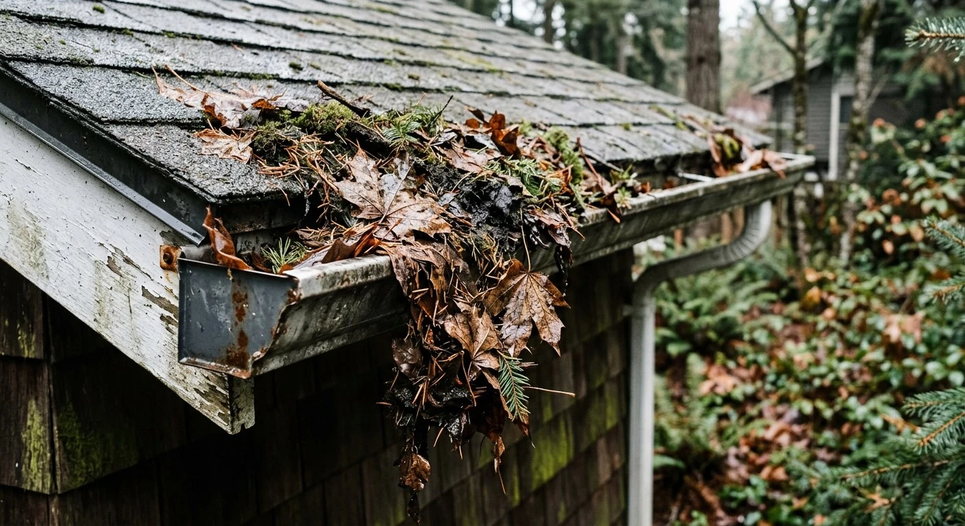 Clogged gutter before cleaning