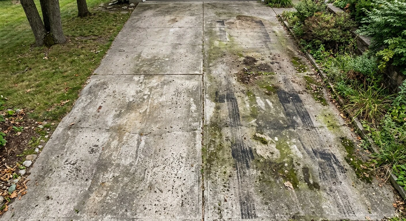 Stained driveway before pressure washing