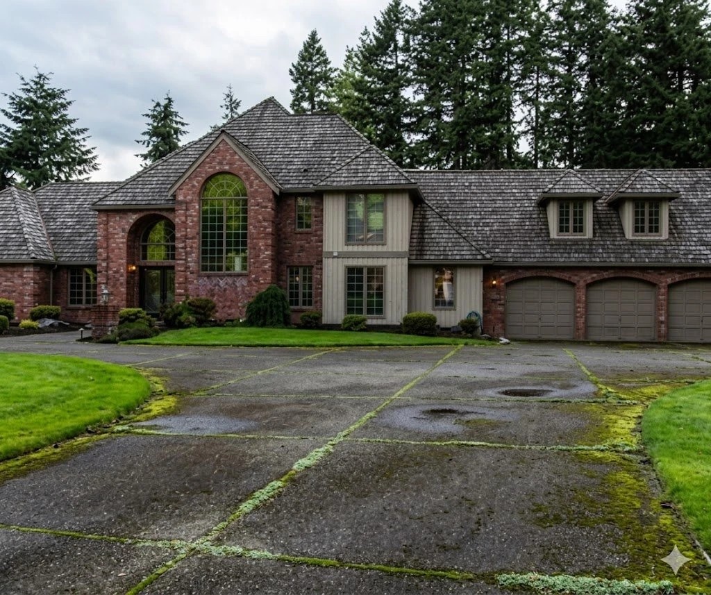 Driveway covered in moss, algae, and dark stains in front of a brick estate home before pressure washing