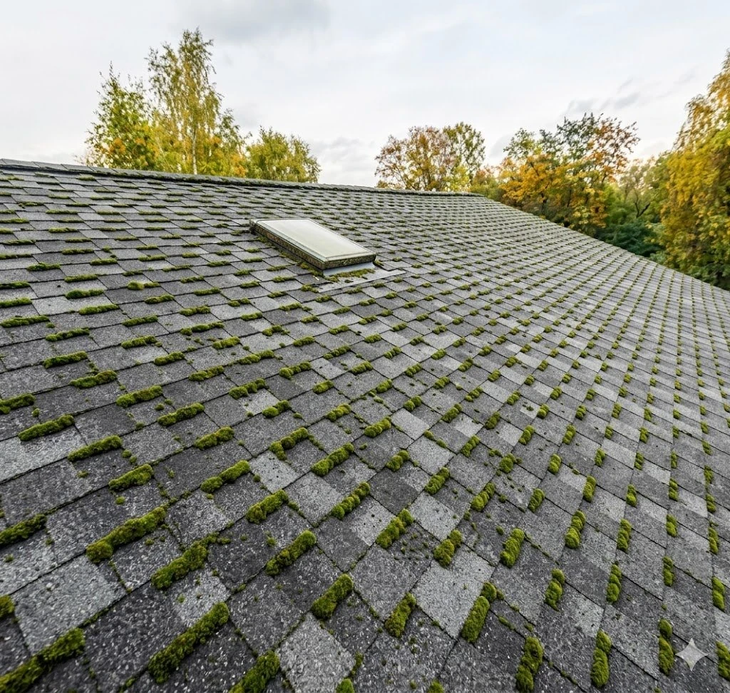 Composite shingle roof completely overgrown with thick green moss before cleaning